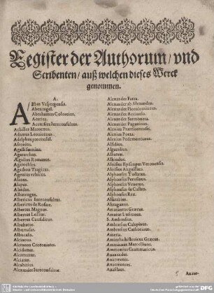 Register der Authorum/ und Schribenten/ auß welchen dises Werck genommen.