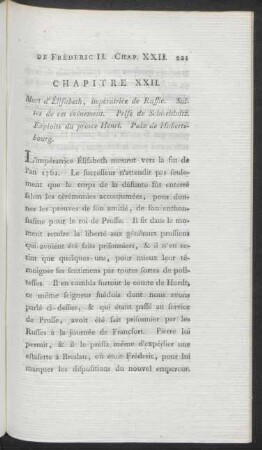 Chapitre XXII. Mort d'Élisabeth, impératrice de Russie. Suites de cet événement. Prise de Schweidnitz. Explois du prince Henri. Paix de Hubertsbourg
