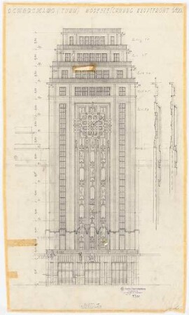 Verlagshaus des Scherl-Verlages, Berlin Turm: Hauptansicht 1:100 mit Vermaßung und Schnitten