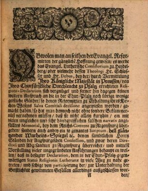 Einiger Evangelisch-Lutherischen in der Churfürstlichen Pfaltz, Unbefugtes, sehr anzügliches Memoriale, Vom 23. April 1708 An E. Hochlöbl. Evangelisches Corpus Gegen Die Evangelisch-Reformirte: Samt beygefügten Höchstgemüßigten Anmerckungen, Dabey auch die Wiederlegung Ihres, mit vielen Unwarheiten befleckten Warheits-Spiegels, Und des Zeugnus, so Sie ohnlängst einem Ihrer Pfarrer gegeben, umb dadurch Collecten zu samlen