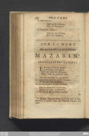 Sur La Mort De Madame La Duchesse Mazarin. Stances Irregulieres.