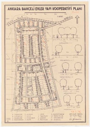 Gesamtbebauungsplan Ankara Siedlung Bahceli Evler Yapi Kooperatifi: (Lichtpause von Inv.Nr. 23061), Grund- und Lageplan 1:2000, Straßenprofile 1:100