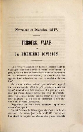 Fribourg, Valais et la première division : Novembre et Décembre 1847