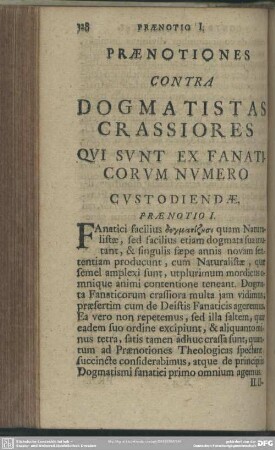 Praenotiones Contra Dogmatistas Crassiores Qui Sunt Ex Fanaticorum Numero Custodiendae