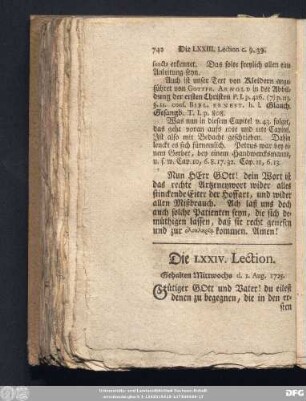 Die LXXIV. Lection. Gehalten Mittwochs d. 1. Aug. 1725.