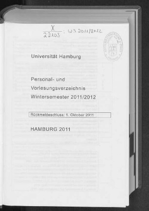 WS 2011/12: Personal- und Vorlesungsverzeichnis // Hamburgische Universität