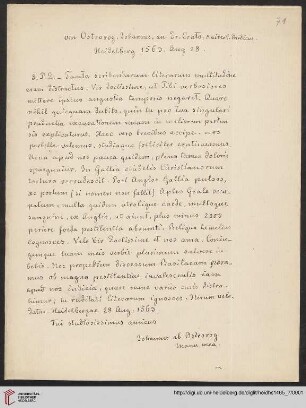 Briefabschriften von Ernst Volger (1888) aus der Sammlung Rehdiger der Stadtbibliothek Breslau. Teil I: Baudiss, Beutterich, Ehemius, Haller, Melissus, Ostrorog, Pareus, Rehdiger und Reuter.: Brief von Jan Ostroróg an Johannes Crato