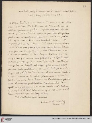 Briefabschriften von Ernst Volger (1888) aus der Sammlung Rehdiger der Stadtbibliothek Breslau. Teil I: Baudiss, Beutterich, Ehemius, Haller, Melissus, Ostrorog, Pareus, Rehdiger und Reuter.: Brief von Jan Ostroróg an Johannes Crato