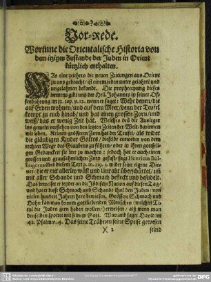 Vor-Rede. Worinne die Orientalische Historia von dem itzigen Zustande der Juden in Orient kürtzlich enthalten