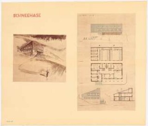 Skihütte Monatskonkurrenz November 1930: Grundriss Erdgeschoss, Obergeschoss, Aufriss Südansicht, Seitenansicht, Querschnitt 1:100; perspektivische Ansicht