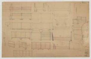 Bettenstudien und -skizzen : Bettenstudien in Vorder- und Seitenansicht, teils farbig, Bettrahmen, Detailskizzen