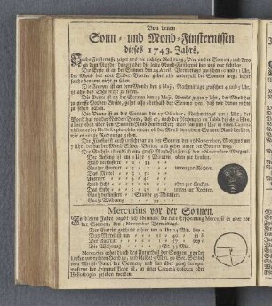 Von denen Sonn- und Mond-Finsternissen dieses 1743. Jahrs.