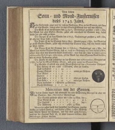 Von denen Sonn- und Mond-Finsternissen dieses 1743. Jahrs.