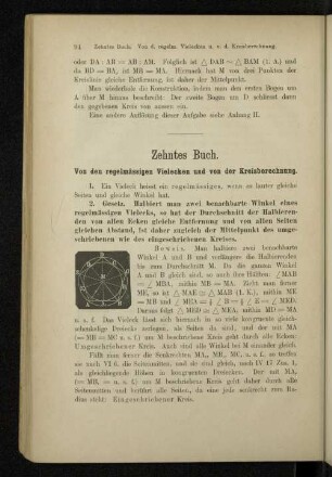 Zehntes Buch. Von den regelmäßigen Vielecken und von der Kreisberechnung.
