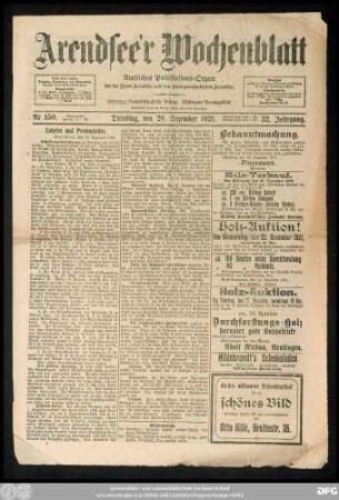 Arendsee'r Wochenblatt, Nr. 150. Dienstag, den 20. Dezember 1921.