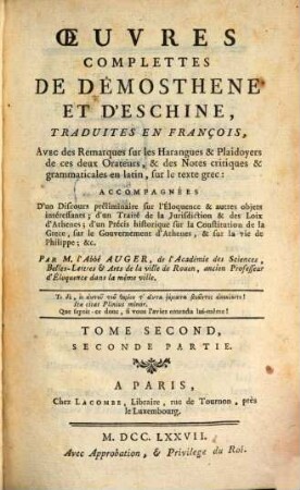 Oeuvres Complettes De Dêmosthene Et D'Eschine. 2,2