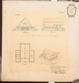 Erziehungsheim Schinkelwettbewerb 1909: Bootshaus. Ansichten, Grundriss, perspektivische Ansicht (Vogelschau) 1:150