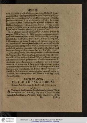 Dissert. XVIII. De Cultu Sanctorum.