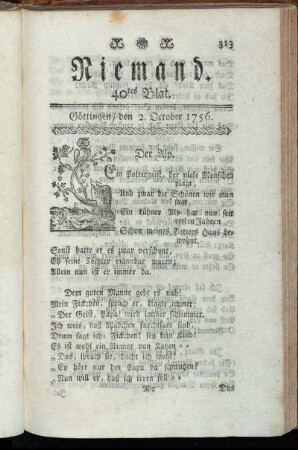40tes Blat. Göttingen, den 2. October 1756.