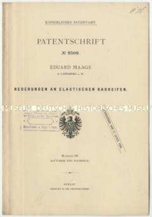 Patentschrift über Neuerungen an elastischen Radreifen, Patent-Nr. 9509