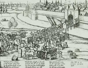 Abzug der Spanier aus Brabant am 17.4.1577 : Brahant, Abzug der Spanier, Reitersänfte, Leiterwagen, 16. Jh.