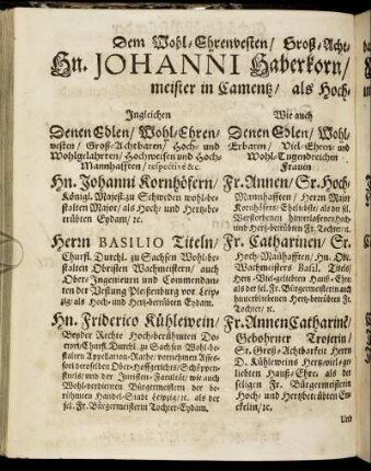 Dem Wohl-Ehrenversten/ Groß-Acht-Hn. Johanni Haberkorn ...