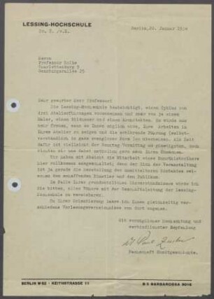 Briefwechsel zwischen Paul Zucker [Lessing Hochschule] und Georg Kolbe