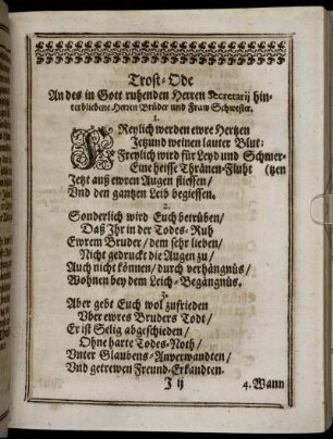 Trost-Ode An des in Gott ruhenden Herren Secretarii hinterbliebene Herren Brüder und Fraw Schwester.