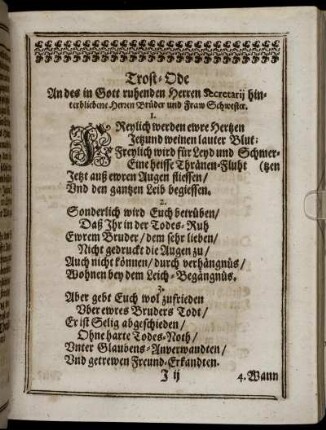 Trost-Ode An des in Gott ruhenden Herren Secretarii hinterbliebene Herren Brüder und Fraw Schwester.