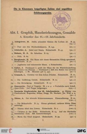 Abt. I. Graphik, Handzeichnungen, Gemälde (Nr. 1-378)