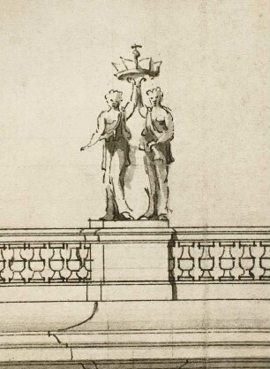 Matthäus Daniel Pöppelmann: Entwurf für die Erweiterung des Taschenbergpalais in Dresden, um 1712 (?) : Seite nach dem Zwinger, Ausschnitt: Balustradenfigur