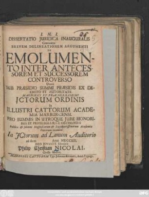 Dissertatio Juridica Inauguralis Continens Brevem Delineationem Argumenti De Emolumento Inter Antecessorem Et Successorem Controverso