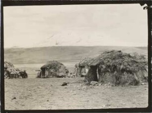 Strohhäuser der Aymara-Indianer im Dorf Sajama mit dem Quisiquisini im Hintergrund