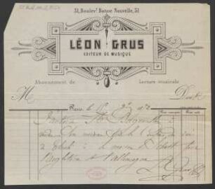 Verlagsschein über Friedrich Burgmüllers "Fantaisie brillante sur l'Opéra 'La coupe du roi de Thulé',"