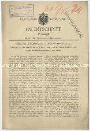 Patentschrift eines Regulators für Motoren zum Betrieb von Dynamo-Maschinen, Patent-Nr. 37388