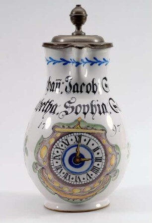 Birnkrug: Uhr (Uhrmacher). Zinnmontierung