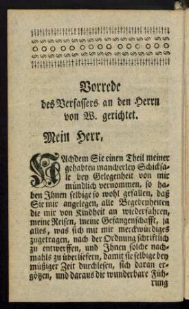 Vorrede des Verfassers an den Herrn von W. gerichtet.