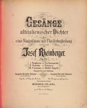 Gesänge altitalienischer Dichter : für 1 Singstimme mit Clavierbegl. ; op. 129
