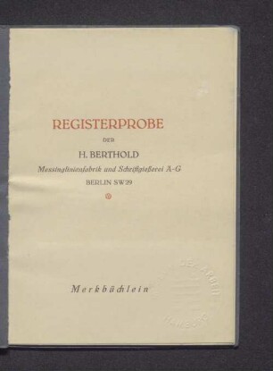 Merkbüchlein: Merkbüchlein zur Registerprobe