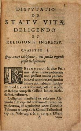 Dispvtatio De Statv Vitæ Deligendo Et Religionis Ingressv : Quæstionibus XII. comprehensa