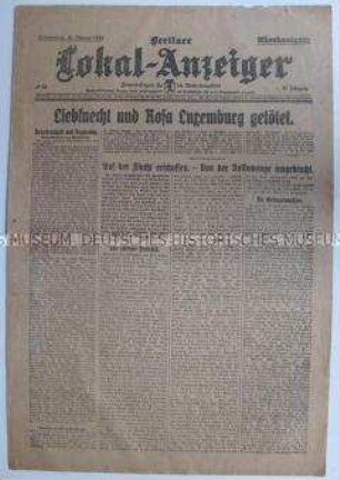 Tageszeitung "Berliner Lokal-Anzeiger" zur Ermordung von Karl Liebknecht und Rosa Luxemburg