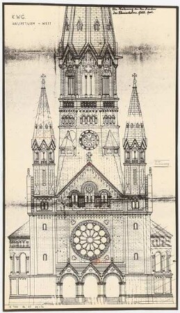 Kaiser-Wilhelm-Gedächtniskirche, Berlin-Charlottenburg: Ansicht Hauptturm West, Aufnahme der Kriegsschäden, 1:100