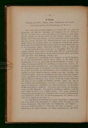 IV. Gruppe. Arbeiten aus Fellen, Häuten, Leder, Guttapercha und Gummi.