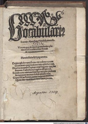 Vocabularius : vocum quae in opere grammaticis plurimorum continentur, brevis interpretatio