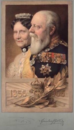 Goldene Hochzeit von Großherzog Friedrich I. und Großherzogin Luise sowie Silberne Hochzeit des Schwedischen Kronprinzenpaars Gustav und Viktoria. Doppelporträt von Friedrich und Luise