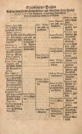 Stammen-Baum. Aus welchen Seine Hochwürden, und Gnaden, Herr Probst placidus von Bastheim, Hochseeligen Andenckens, Dero Hochadeliche Geburth herführen.