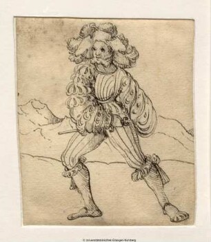 Landsknecht, nach links ausfallend, die Rechte am Dolch