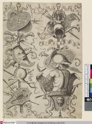 [Le premier trophée offre en bas un bouclier, orné d'une espèce d'ecrevisse; Six Shields, One with a kind of Crayfish; Sechs Schilder, einer mit einer Krebsart]