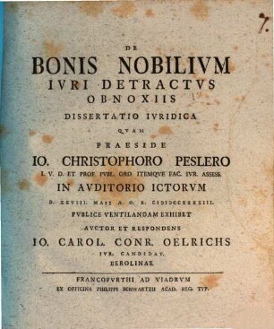 De Bonis Nobilivm Ivri Detractvs Obnoxiis Dissertatio Ivridica