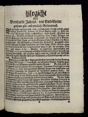 Urgericht Uber Bernhardt Jahnus/ von Embstheim/ gethane güt- und peinliche Bekanntnuß.